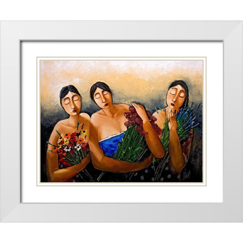 Ladies with Flowers White Modern Wood Framed Art Print with Double Matting by West, Ronald