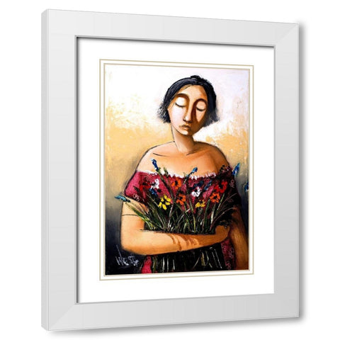 Lady with Flowers White Modern Wood Framed Art Print with Double Matting by West, Ronald