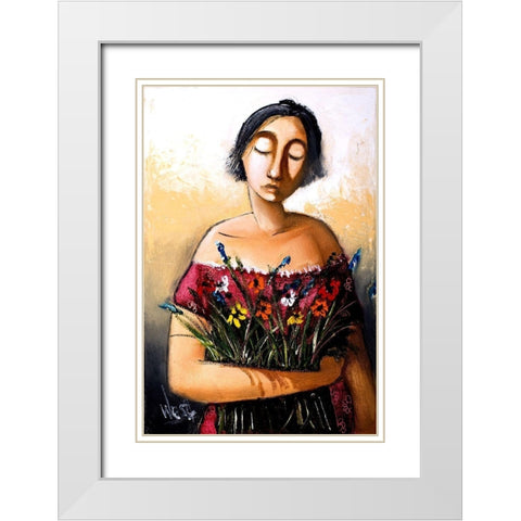 Lady with Flowers White Modern Wood Framed Art Print with Double Matting by West, Ronald