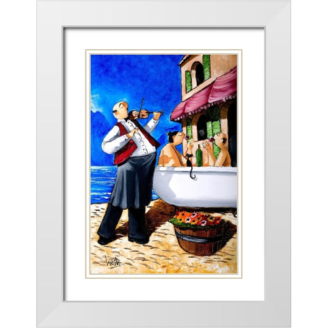 Bath and Violin Serenade White Modern Wood Framed Art Print with Double Matting by West, Ronald