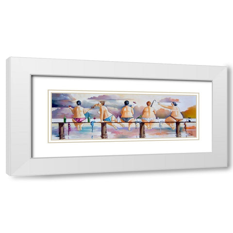 Fishing on the Jetty White Modern Wood Framed Art Print with Double Matting by West, Ronald