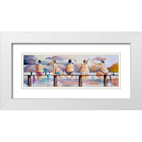 Fishing on the Jetty White Modern Wood Framed Art Print with Double Matting by West, Ronald