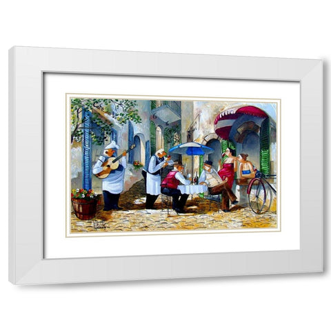 Poker Players at Cafe Kitty White Modern Wood Framed Art Print with Double Matting by West, Ronald