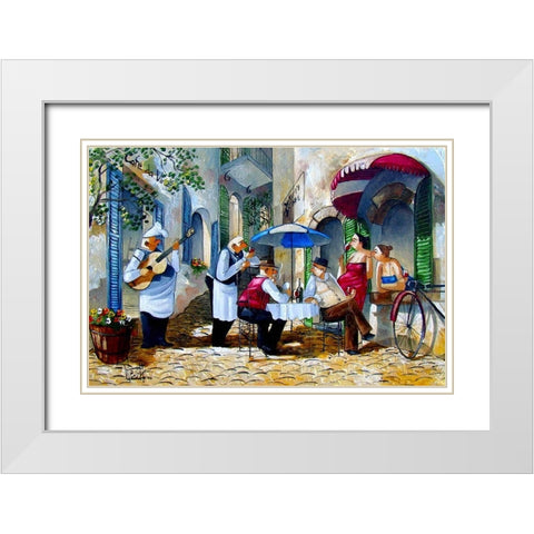 Poker Players at Cafe Kitty White Modern Wood Framed Art Print with Double Matting by West, Ronald