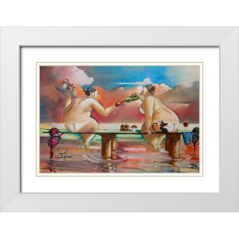 Wine and Cake on Jetty White Modern Wood Framed Art Print with Double Matting by West, Ronald