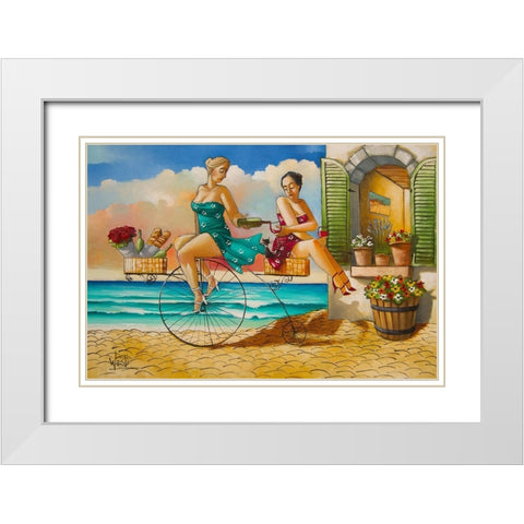 Traveling Sisters White Modern Wood Framed Art Print with Double Matting by West, Ronald