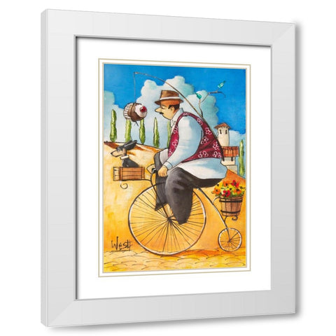 Man on Bicycle w/Cupcake White Modern Wood Framed Art Print with Double Matting by West, Ronald