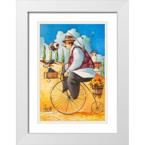 Man on Bicycle w/Cupcake White Modern Wood Framed Art Print with Double Matting by West, Ronald