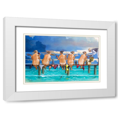 Wine on the Jetty White Modern Wood Framed Art Print with Double Matting by West, Ronald