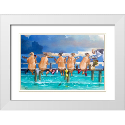 Wine on the Jetty White Modern Wood Framed Art Print with Double Matting by West, Ronald
