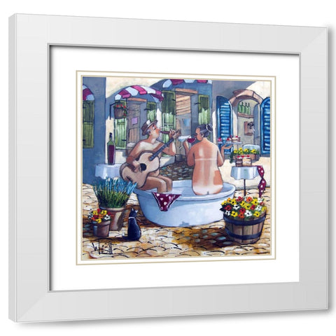 Bath and Guitar Serenade White Modern Wood Framed Art Print with Double Matting by West, Ronald