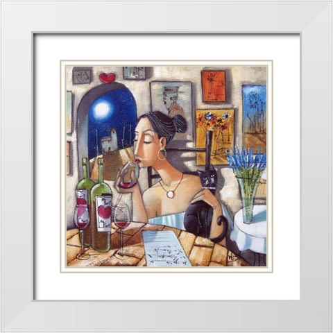 Lady and Cat II White Modern Wood Framed Art Print with Double Matting by West, Ronald