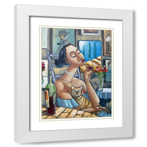 Lady and Cat III White Modern Wood Framed Art Print with Double Matting by West, Ronald