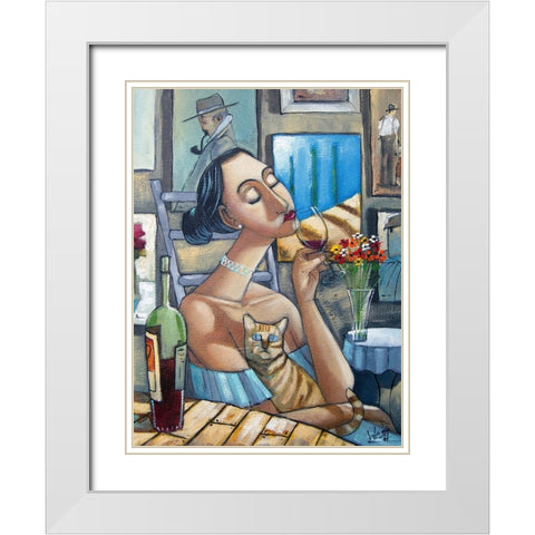 Lady and Cat III White Modern Wood Framed Art Print with Double Matting by West, Ronald
