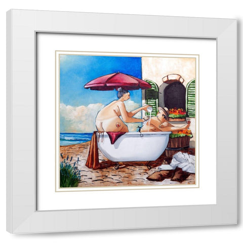 Terrace Bath White Modern Wood Framed Art Print with Double Matting by West, Ronald