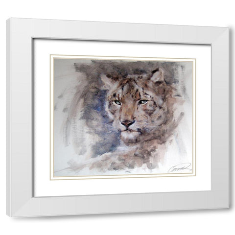 Snow Leopard Stare White Modern Wood Framed Art Print with Double Matting by Campbell, Robert
