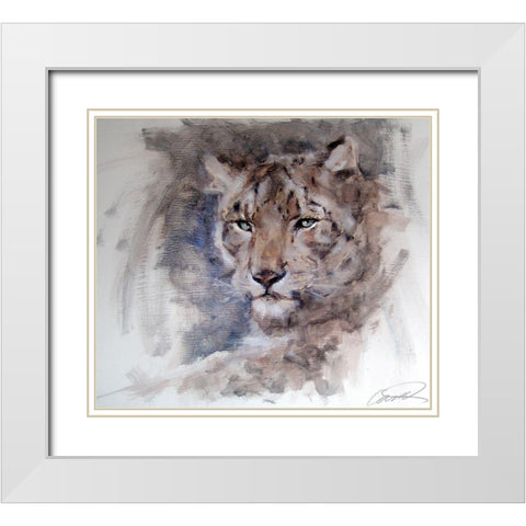 Snow Leopard Stare White Modern Wood Framed Art Print with Double Matting by Campbell, Robert