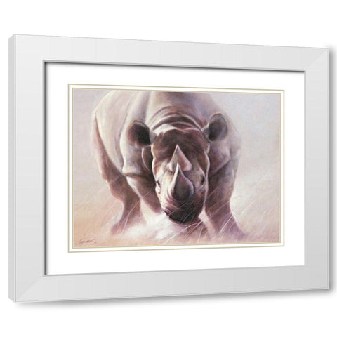 Full Speed Ahead Rhino White Modern Wood Framed Art Print with Double Matting by Campbell, Robert