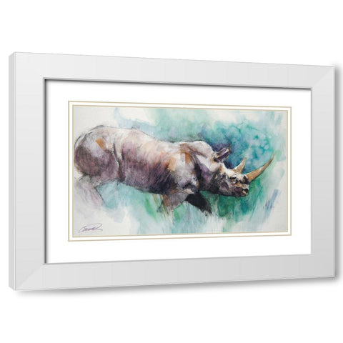 Rhino Crossing White Modern Wood Framed Art Print with Double Matting by Campbell, Robert