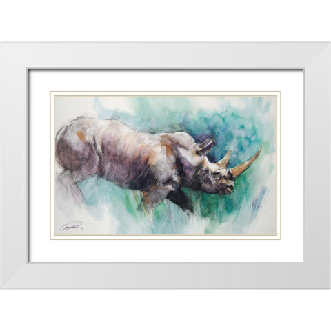 Rhino Crossing White Modern Wood Framed Art Print with Double Matting by Campbell, Robert