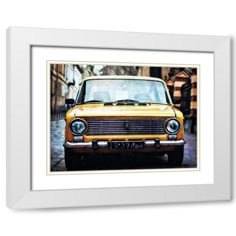 Canary Coloured Car White Modern Wood Framed Art Print with Double Matting by Aldridge, Ashley