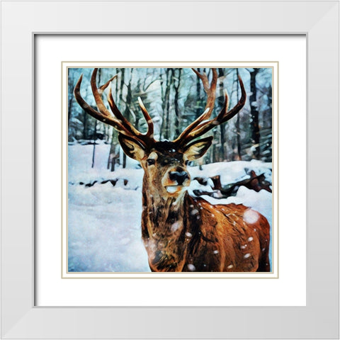 A Little Snow Here Reindeer White Modern Wood Framed Art Print with Double Matting by Aldridge, Ashley