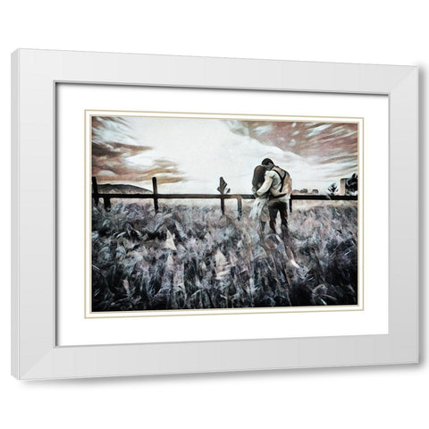 Lovers Countryside Cuddle White Modern Wood Framed Art Print with Double Matting by Aldridge, Ashley