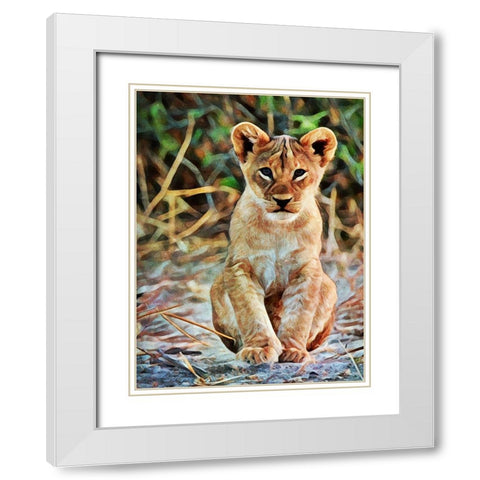 Lion Cub Sitting Sentinel White Modern Wood Framed Art Print with Double Matting by Aldridge, Ashley