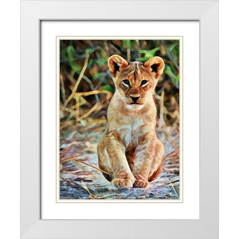 Lion Cub Sitting Sentinel White Modern Wood Framed Art Print with Double Matting by Aldridge, Ashley