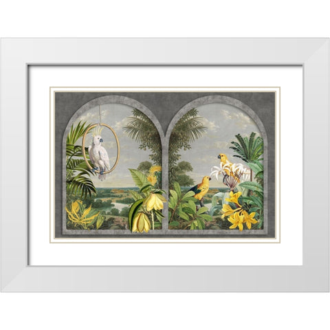 Window with Birds White Modern Wood Framed Art Print with Double Matting by Haase, Andrea