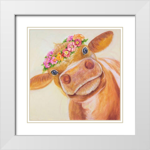 Zen Cow White Modern Wood Framed Art Print with Double Matting by Joy, Julie