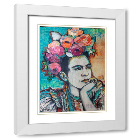 Frida and Florals White Modern Wood Framed Art Print with Double Matting by St Hilaire, Elizabeth