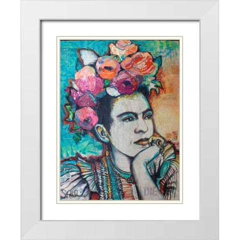 Frida and Florals White Modern Wood Framed Art Print with Double Matting by St Hilaire, Elizabeth