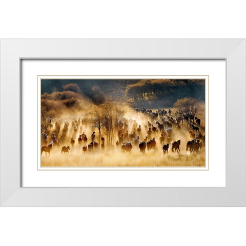 Horses White Modern Wood Framed Art Print with Double Matting by Zhu, Hua