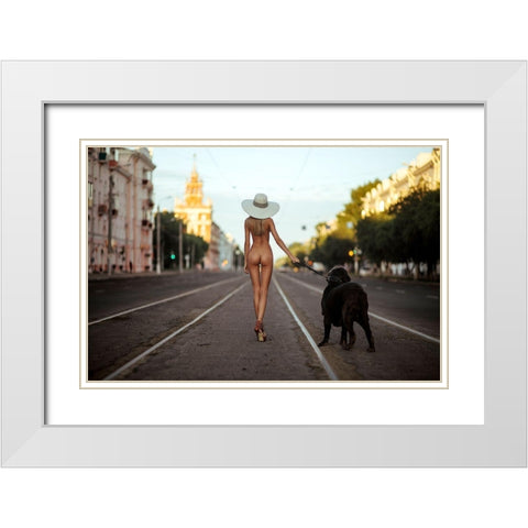 Lady with her dog White Modern Wood Framed Art Print with Double Matting by Oryx, Gene