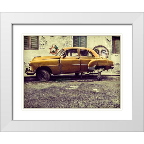 Old car/cat White Modern Wood Framed Art Print with Double Matting by Yosifov, Svetlin
