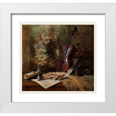 Still life with violin and painting White Modern Wood Framed Art Print with Double Matting by Morozov, Andrey