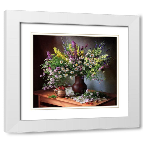 Still life with wildflowers and berries White Modern Wood Framed Art Print with Double Matting by Skorokhod, Tatyana