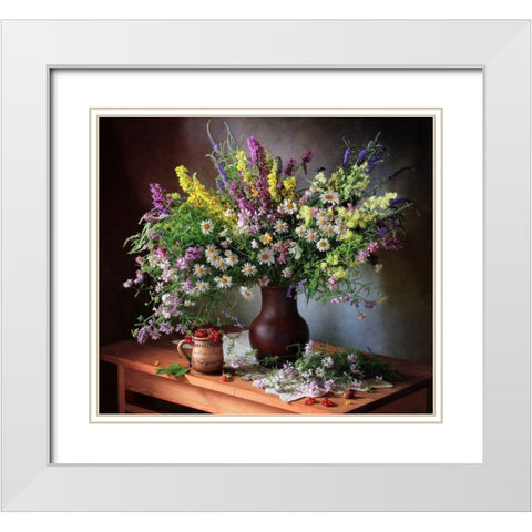 Still life with wildflowers and berries White Modern Wood Framed Art Print with Double Matting by Skorokhod, Tatyana