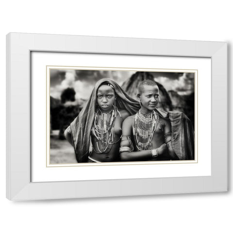 Karo girls sharing a scarf White Modern Wood Framed Art Print with Double Matting by Flour, Piet