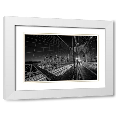 Brooklyn bridge lights White Modern Wood Framed Art Print with Double Matting by Schilbe, Stefan