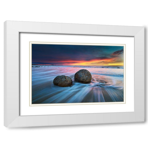 Moeraki Boulders White Modern Wood Framed Art Print with Double Matting by Zhang, Yan