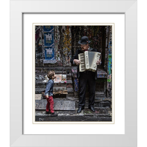 The Busker And The Boy White Modern Wood Framed Art Print with Double Matting by Russell, Vince