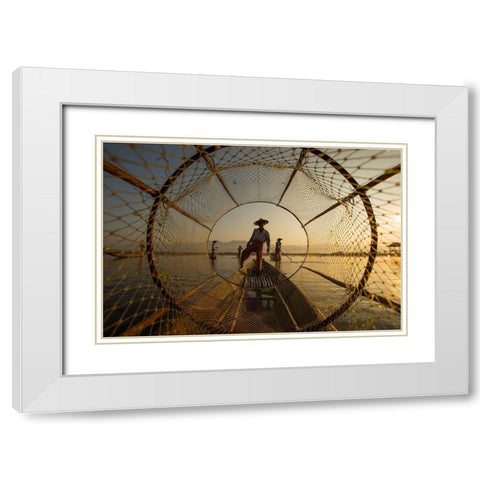 Inle Fisherman White Modern Wood Framed Art Print with Double Matting by Song, Gunarto