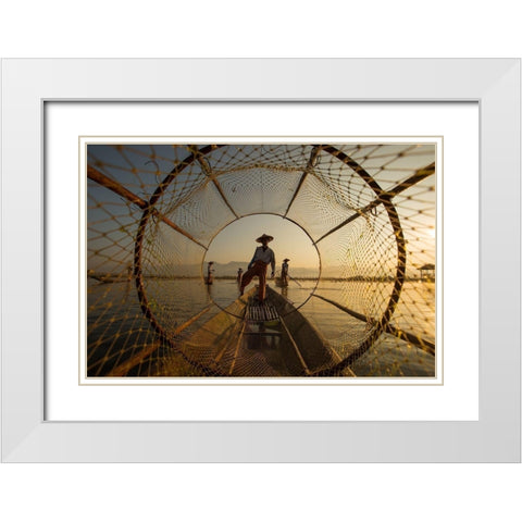 Inle Fisherman White Modern Wood Framed Art Print with Double Matting by Song, Gunarto