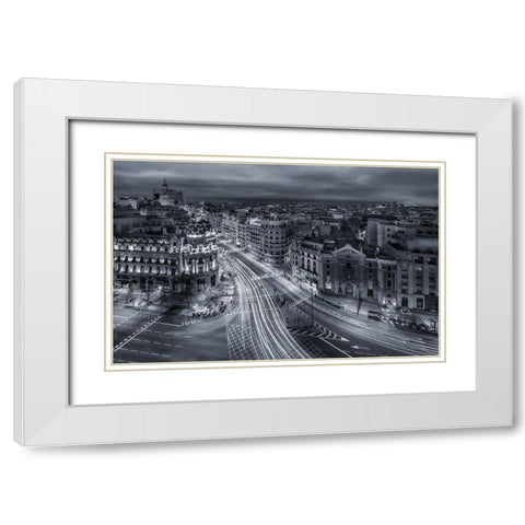 Madrid City Lights White Modern Wood Framed Art Print with Double Matting by De La, Javier