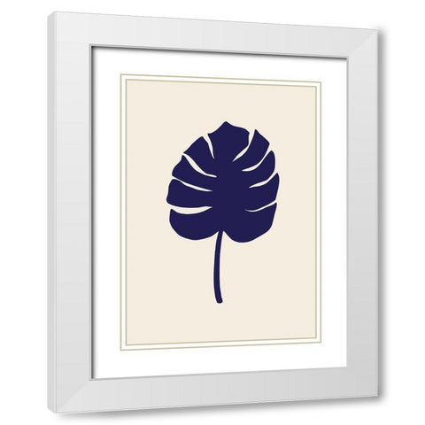 Monstera Leaf Dark Blue White Modern Wood Framed Art Print with Double Matting by Artographie Studio