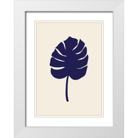 Monstera Leaf Dark Blue White Modern Wood Framed Art Print with Double Matting by Artographie Studio