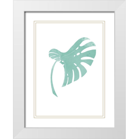 Monstera Leaf Teal White Modern Wood Framed Art Print with Double Matting by Artographie Studio