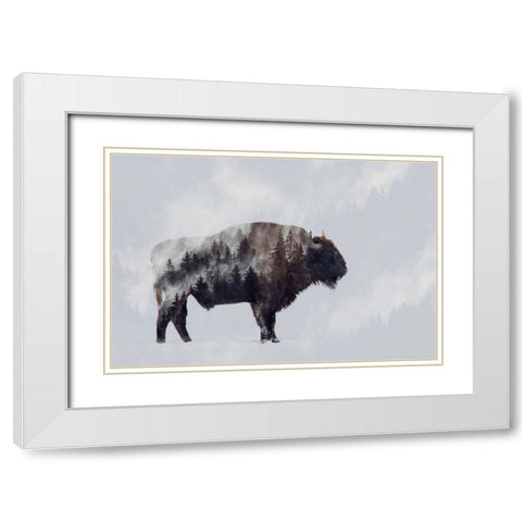 Bison - Double Exposure White Modern Wood Framed Art Print with Double Matting by Beata, Angyalosi